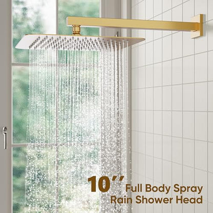 ESNBIA Gold Shower Head, Rainfall Shower System with 10 Inches Rain Shower Head, All Metal Shower Faucet Set with Shower Valve, Wall Mounted Shower Fixtures, Brushed Gold - color: Brushed Gold, style: 10 Inches