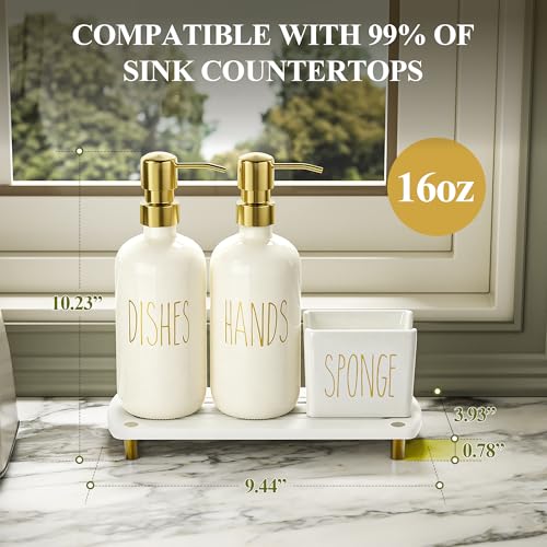 Cisily Kitchen Soap Dispenser Set Comes with Ceramics Sponge Holder, Gold Pumps, and Instant Dry Tray, Hand and Dish Soap Dispenser Set (4, Gold + Off White + Sponge Holder) - color: Gold + Off White + Sponge Holder