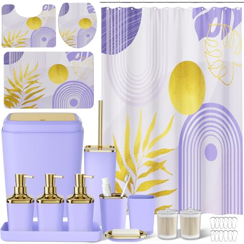 Bathroom Set - 27PC Bathroom Sets with Shower Curtain and Rugs, Purple Bathroom Set, Bathroom Accessory Set, Trash Can, Toilet Brush & 3 PC Soap Dispensers - color: Purple, size: Bath Set+Boho Shower Curtain+Bath Rugs