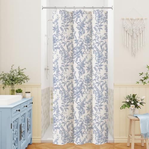 Blue Boho Linen Shower Curtain, Farmhouse Floral for Bathroom | Botanical floral print. Rustic farmhouse boho decor. Durable linen blend fabric. Machine washable for easy care. 36x72 - color: Blue, size: 36"W x 72"L (Pack of 1)