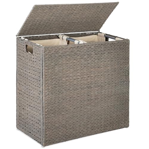Best Choice Products Large Double Laundry Hamper with Lid, Natural Handwoven Water Hyacinth, 2 Sections w/ 2 Machine Washable Linen Liner Bags, Portable, Handles - Gray - color: Gray