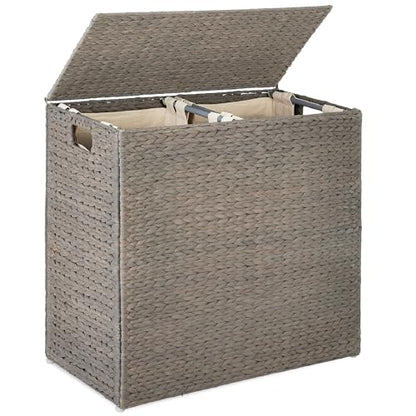 Best Choice Products Large Double Laundry Hamper with Lid, Natural Handwoven Water Hyacinth, 2 Sections w/ 2 Machine Washable Linen Liner Bags, Portable, Handles - Gray - color: Gray
