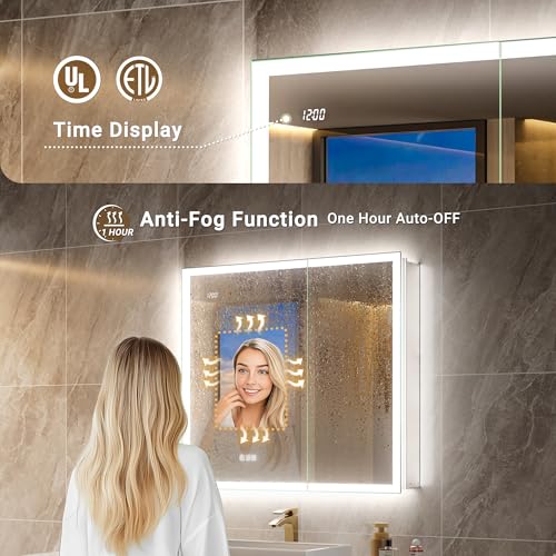 30x32 LED Medicine Cabinet Mirror with Double Lights-Front & Backlit, 155°Soft-close Hinge, Surface or Recessed Dimmable Lighted Medicine Cabinet Mirror with Clock Outlet Inner Light,Anti-fog - size: 30x32'' (Cabinet)