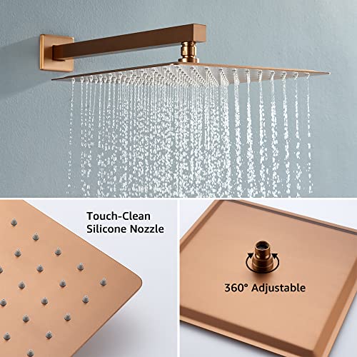 Iriber Brushed Rose Gold Rain Shower System with 12 Inch Shower Head and Handheld Bathroom Wall Mounted Shower Set Contain Shower Faucet Mixer and Trim Kit (Valve Included) - color: Brushed Rose Gold 05
