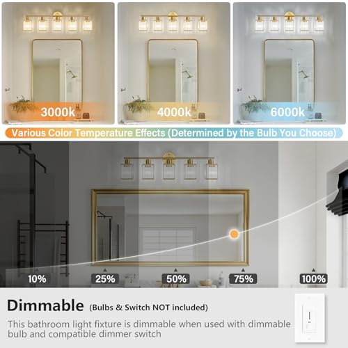 5 Light Bathroom Light Fixtures, Modern Crystal Vanity Lights over Mirror | Metal Frame, Bathroom Light with Square Crystal Shade, ETL Certified, E26 Ceramic Socket, Bulbs Not Included - color: Gold, size: 5-Light