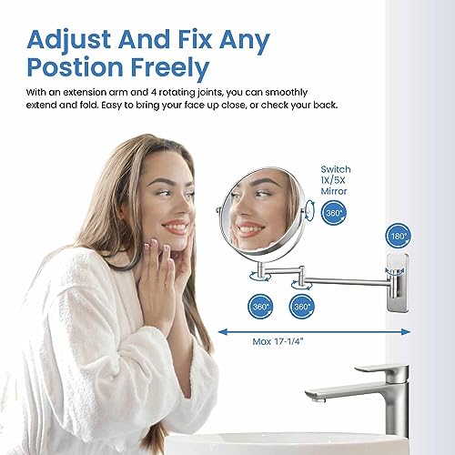 Circular Wall Mount Makeup Mirror, Dual-Sided 1x/5x Magnifying Mirror with Extendable Arm, 360° Swivel, Solid Brass Construction for Durability and Style (Brushed Nickel, KMM100) - color: Brushed Nickel