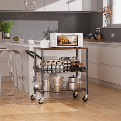 NTE Rolling Kitchen Carts on Wheels, 650Lbs Capacity 3 Tier Utility Cart with Wood Tabletop, Kitchen Storage Cart with 8 Hooks, Metal Serving Cart with Handle and Shelf Liners for Kitchen, Black - color: Wood-black