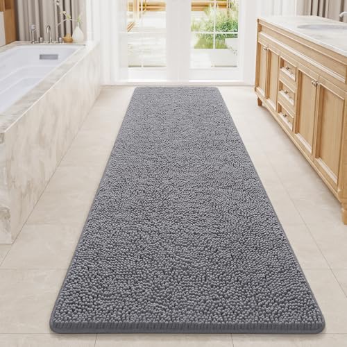 LOCHAS Luxury Bathroom Rug Shaggy Bath Mat 24 x 80 Inch, Grey | Washable Non Slip Bath Rugs for Bathroom Shower, Soft Plush Chenille Absorbent Carpets - color: Grey, size: 2' X 6'8" (24''x80'')