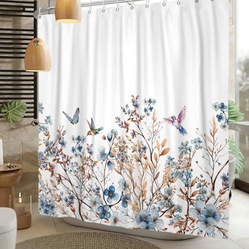 Teal Floral Shower Curtain Wildflower Butterfly Hummingbird Botanical Shower Curtain Spring Watercolor Floral Waterproof Fabric Bathroom Decor with Hooks 48x72 inch - color: Teal, size: 48"W x 72"L (Pack of 1)