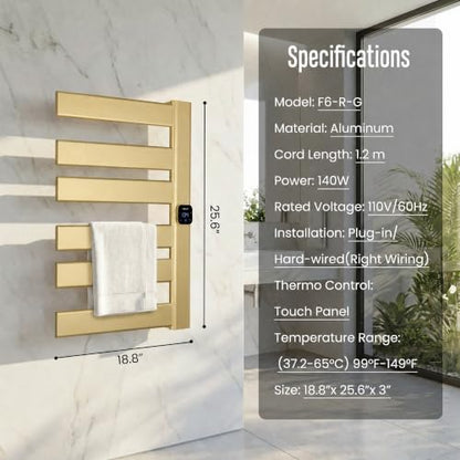 Towel Warmer, Heated Towel Rack with Built-in Timer and Temperature Control,Hard-Wired(Right-Wiring)/Plug-in Wall-Mounted Towel Rail, Aluminum, 18.8" W X 25.6" H, Gold - color: Gold, size: 18.8"L x 25.6"H