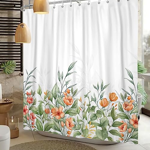 Watercolor Floral Shower Curtain Colorful Flower Green Leaves Wildflower Shower Curtain Plant Waterproof Fabric Bathroom Bathtub Decor Curtains Set with Hooks 60x72 inch - color: Orange Green, size: 60"W x 72"L (Pack of 1)