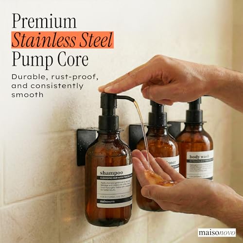 MaisoNovo Shampoo and Conditioner Dispenser|Refillable Amber Black Set of 3 | No Drill Wall Mount - Shower Soap Dispenser · Holds Body Wash or Hand Soap · Wall Soap Dispenser - color: Amber Classic Set of 3