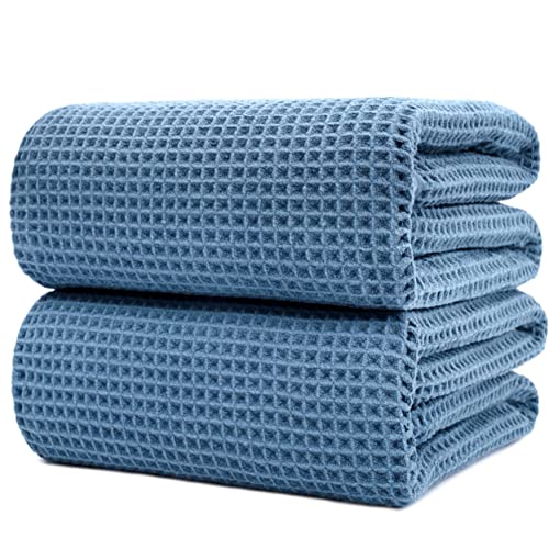 POLYTE 430 GSM Poly Blend Microfiber Waffle Bath Sheet XL Set, 35x70 in | 2 Pack, Oversize, Lint Free, Quick Dry - color: Blue, size: X Large