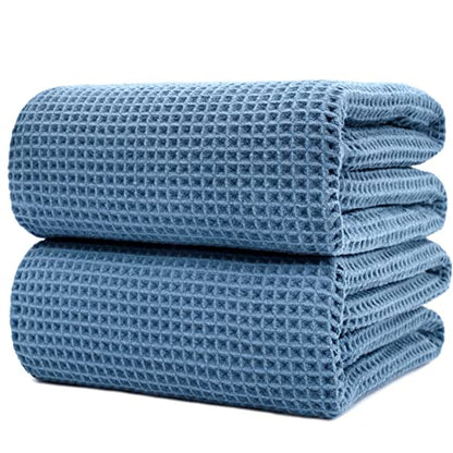 POLYTE 430 GSM Poly Blend Microfiber Waffle Bath Sheet XL Set, 35x70 in | 2 Pack, Oversize, Lint Free, Quick Dry - color: Blue, size: X Large