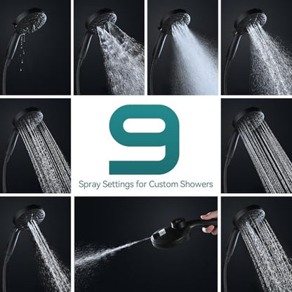Foldable Rainfall Shower Head 9 Spray Settings/Modes Handheld Showerheads | High Pressure Shower Heads with Handheld Spray Combo, Built-in Magnetic Docking, Power Jets, Stainless Steel Shower Hose - color: Black