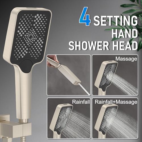 Iriber Thermostatic Shower System with Adjustable Water Flow Push Button Diverter, Square Dual Shower Heads Faucet Set with Handheld Spray, Brushed Nickel Shower Mixer Valve Trim Kit (Valve Included) - color: Brushed Nickel 05