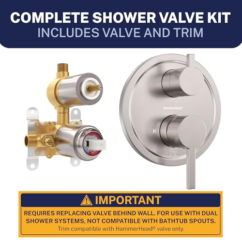 HammerHead Showers Solid Metal Two Handle Shower Valve and Trim Kit Brushed Nickel, Diverts Water Controls Volume and Temperature, Rough-In Shower Trim Kit with Valve and Pressure Balance Shower Valve - color: Brushed Nickel