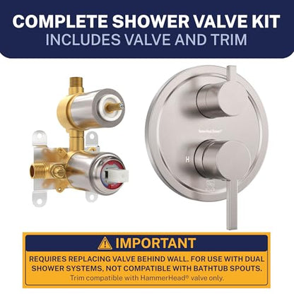 HammerHead Showers Solid Metal Two Handle Shower Valve and Trim Kit Brushed Nickel, Diverts Water Controls Volume and Temperature, Rough-In Shower Trim Kit with Valve and Pressure Balance Shower Valve - color: Brushed Nickel