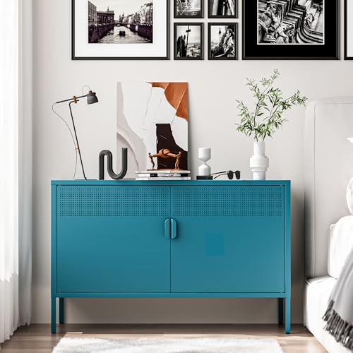 Washsemba 2 Door Storage Sideboard, Metal Storage Cabinet with 2 Adjustable Shelf,Multipurpose Metal Accent Cabinet for Office Home,Music Studio (Peacock Blue, 25''H) - color: Peacock Blue, size: 25''H