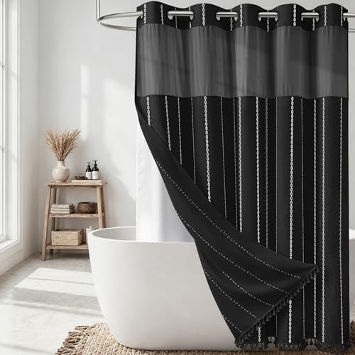 72x81 Ringless Boho Shower Curtain with Snap in Liner, Black and White | Tall Size, Farmhouse Striped Tassel Design, Thick Linen Blend, 3 in 1 Shower Curtain, Waterproof, Washable, Sheer Window - color: Black, size: 72"W x 81"L (Pack of 1)