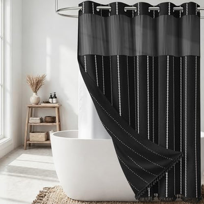 72x81 Ringless Boho Shower Curtain with Snap in Liner, Black and White | Tall Size, Farmhouse Striped Tassel Design, Thick Linen Blend, 3 in 1 Shower Curtain, Waterproof, Washable, Sheer Window - color: Black, size: 72"W x 81"L (Pack of 1)