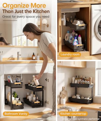 Homde Sliding Under Sink Organizer: 2-Pack Pull-Out Rack for Kitchen | 4 Easy-Access Baskets for Cluttered Cabinets - Busy Families Find Everything Instantly - Full-Extension Glide Design