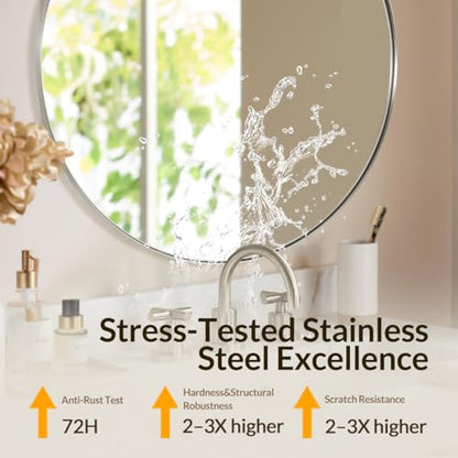 ANDY STAR Round Bathroom Mirror, 24’’ Brushed Silver Round Bathroom Mirrors in Stainless Steel Metal Frame 1" Deep Set Design | Rust-Proof Stainless Steel Thin Frame, Shatterproof HD Glass, 9mm MDF Backboard, Ideal for Living Room, Bedroom, Entryway - col