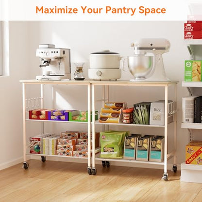 NTE Rolling Kitchen Microwave Cart, 3 Tier Microwave Stand with Storage, Small Kitchen Island on Wheels, Kitchen Storage Cart with 6 Hooks for Kitchen, Coffee Bar, Living Room, Balcony - color: White