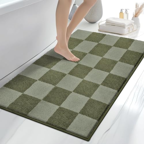 Bathroom Rugs, 30" x 46" Bath Rugs, Checkered Budding Green & Sage Green | Non-Slip, Super Absorbent, Machine Washable, Quick Dry, Bath Mats for Shower and Bathtub, TPR Backing - color: Checkered-budding Green & Sage Green, size: 30" X 46"