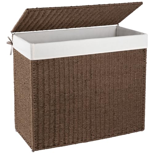 OIAHOMY Laundry Hamper with Lid, 140L(35.7 Gal) Large Wicker Laundry Basket for Bedroom, Handwoven Paper Rope Clothes Hamper with Washable Liner & Metal Frame, Decorative Organizer for Bathroom Brown - color: Brown, size: 140L