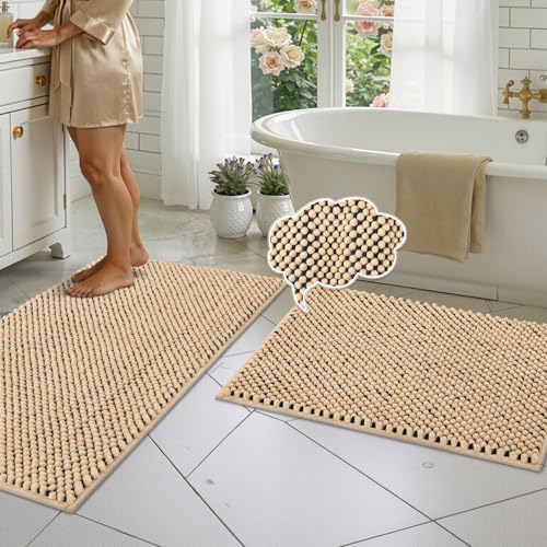 BSICPRO Bathroom Rugs Set 2 Piece, Thick Soft Multi-Color Chenille Absorbent Bath Mats, Non Slip Washable Bath Rugs, Shower Mat for Bathroom Decor (Oatmeal and Dark Blue, 20" x 32" Plus 16" x 24") - color: Oatmeal and Dark Blue, size: 20" x 32" Plus 16" x