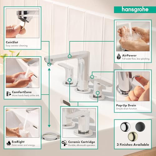 hansgrohe Rebris S Widespread Bathroom Faucet, 2-Handle, 3 Hole Bathroom Sink Faucet for Vanity with Pop-Up Drain Assembly, 1.2 GPM, Chrome, 72530001 - color: Chrome