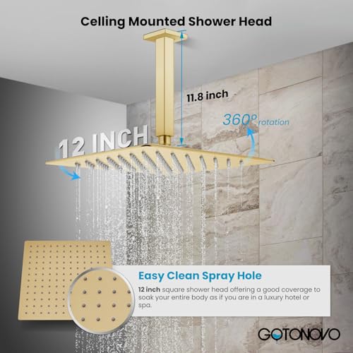 gotonovo Ceiling Shower System with Handheld Brushed Gold,12 inch Head | Ceiling Mount Bathroom Shower Faucet Set,SUS304 Rainfall Head and Handle Set Combo,Brass Valve Trim Kit,All Metal - color: Gold, size: 12 inch Head