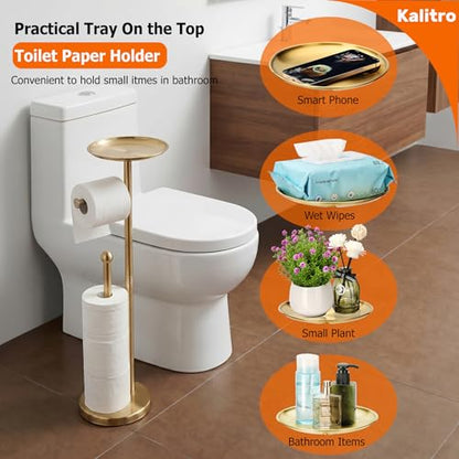 Kalitro Toilet Paper Holder Freestanding with Big Shelf, 4 Rolls Reserve Paper Holder Stand, Modern Paper Roll Holder with Storage Space for Phones (Gold) - color: Gold