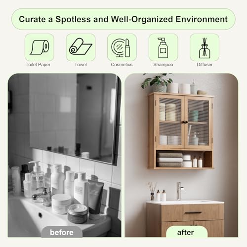 Bathroom Medicine Cabinet, Bathroom Wall Cabinet, Bathroom Cabinet Wall Mount, Medicine Cabinets for Bathroom with Glass Door - color: Wood Color