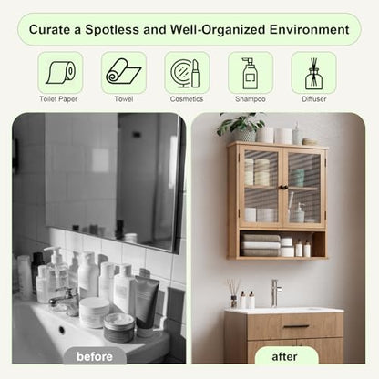 Bathroom Medicine Cabinet, Bathroom Wall Cabinet, Bathroom Cabinet Wall Mount, Medicine Cabinets for Bathroom with Glass Door - color: Wood Color