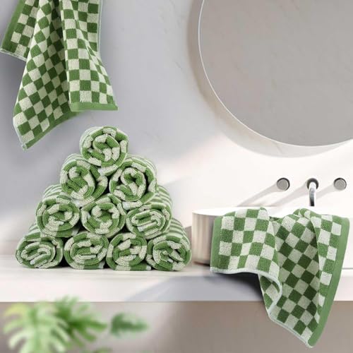 Jacquotha Wash Cloths Super Soft (Green Checkered), Wash Clothes 12 Pack | Cotton Face Cloths for Washing Face Showering 13x13 Inches - color: Green