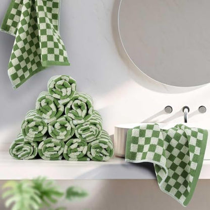 Jacquotha Wash Cloths Super Soft (Green Checkered), Wash Clothes 12 Pack | Cotton Face Cloths for Washing Face Showering 13x13 Inches - color: Green