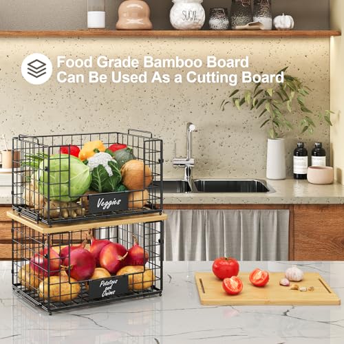 2 Pack Stackable Wire Baskets with Bamboo Top,Pantry Organizers Counter | Potato and Onion Storage Bin with Labels & 2 Pads, Kitchen Organization for Fruit, Vegetable, Produce, Bread, Cabinet - size: XXL-15.2x11.02x9.84