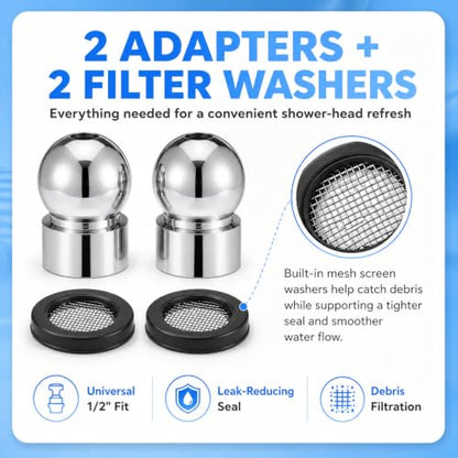 2pcs 1/2-inch Iron Pipe Shower Arm Ball Adapter with Gasket Washer Filters Shower Head Ball Joint Replacement, Chrome Plated, Universal Fit for Bath Replacement Accessories