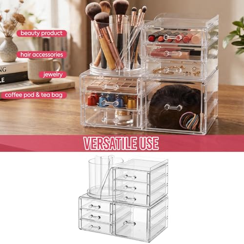ShineMe Make Up Organizers for Vanity, 2 Tier Acrylic Stackable Cosmetic Organizer with Rotating Makeup Brush Holder & 7 Drawers, Clear Hair Accessory Organizer Countertop for Dresser, Bathroom - size: 2tire, 7 drawers