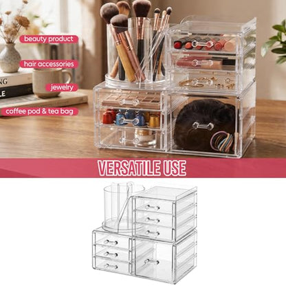 ShineMe Make Up Organizers for Vanity, 2 Tier Acrylic Stackable Cosmetic Organizer with Rotating Makeup Brush Holder & 7 Drawers, Clear Hair Accessory Organizer Countertop for Dresser, Bathroom - size: 2tire, 7 drawers