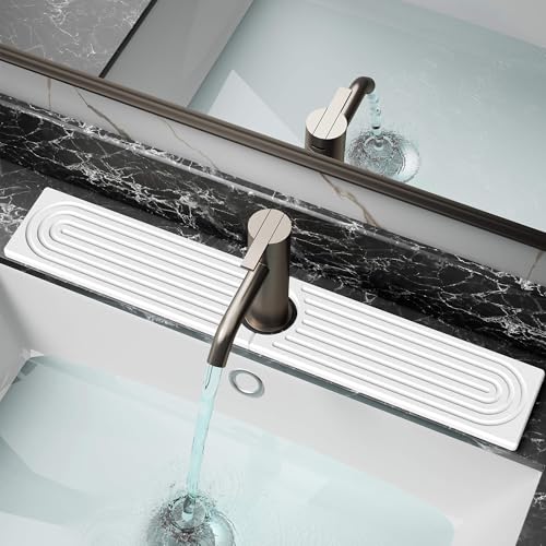 DK177 Diatomite Fast Drying Faucet Mat for Kitchen Sink, Water Absorbing Stone Tray, Faucet Splash Guard for Bathroom Counter, White, 23.6" x 4" - color: White, size: 23.6" x 4"