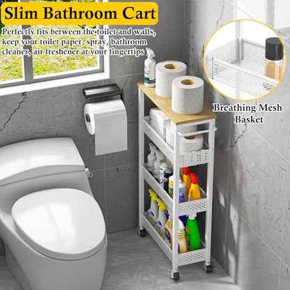 OKZEST Slim Laundry Room Organization Cart with Upgraded Metal Hub Casters | Fits between washer & dryer, 4-Tier space-saving narrow rolling cart, Premium wood top & metal mesh shelf, with handle & hook - color: White, size: 7.1 Inch Wide