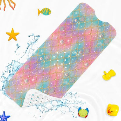 Mermaid Seashell Glitter Bathtub Shower Mat Ocean Princess Non-Slip Tub Extra Long Bath Floor 40X16 Inch Machine Washable for Bathroom Tub Bath Mat for Toddler and Baby - color: Coloful Mermaid Scales
