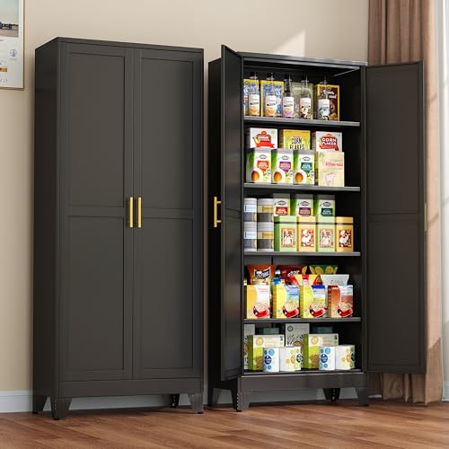 winiowa Metal Pantry Cabinet with 2 Doors and Adjustable Shelves - 71" Kitchen Storage Cabinet with Gold Handles - Versatile Storage for Kitchen, Bathroom, Dining Room, Utility Room - Black - color: 2d-black, size: 14.3"D x 28.7"W x 70.8"H