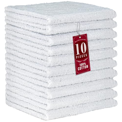 100% Cotton Washcloths 12x12 in, Absorbent, White (10 Pack)