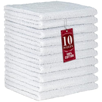 100% Cotton Washcloths 12x12 in, Absorbent, White (10 Pack)