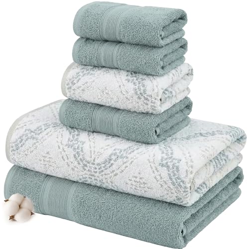 Modern Threads Capri 6-Piece Reversible Yarn Dyed Jacquard Towel Set - Bath Towels, Hand Towels, & Washcloths - Super Absorbent & Quick Dry - 100% Combed Cotton, Ivy - color: Ivy Green, size: Small, style: Soft Geometric