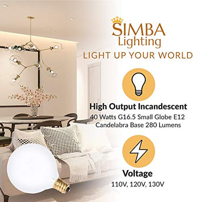 Simba Lighting Small Globe G16.5 40W E12 Frosted Glass 120V, 2700K, 10 Pack | Round Bulb, Candelabra Base, for Chandelier, Ceiling Fan Light, Decorative Vanity Lights, Wall Sconce, Warm White Dimmable